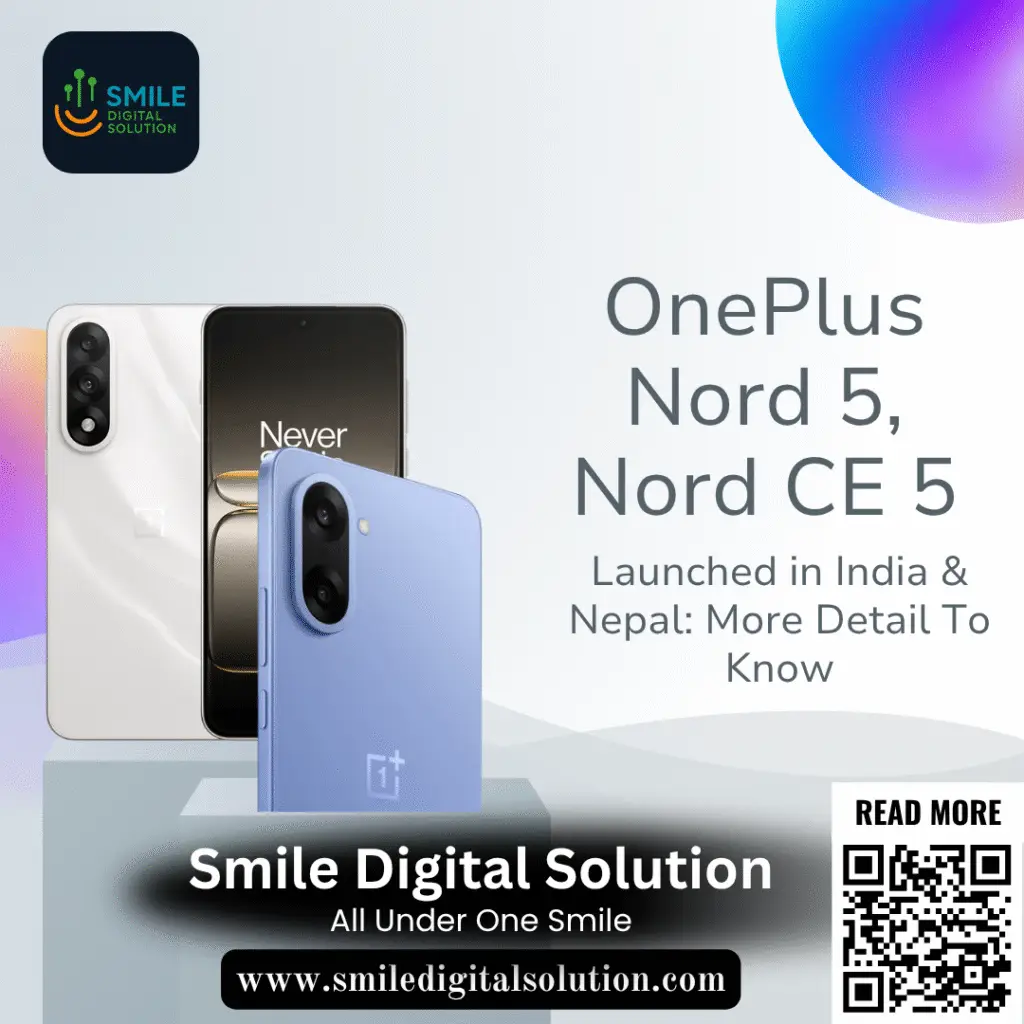 OnePlus Nord 5 and Nord CE 5 smartphones displayed side-by-side on a minimalist white background, showcasing their sleek design and camera modules.