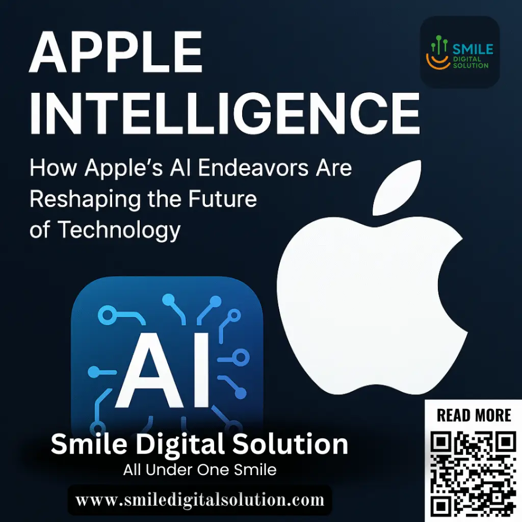 Apple Intelligence concept image showing Apple logo, AI chip icon, and text highlighting Apple’s AI advancements.
