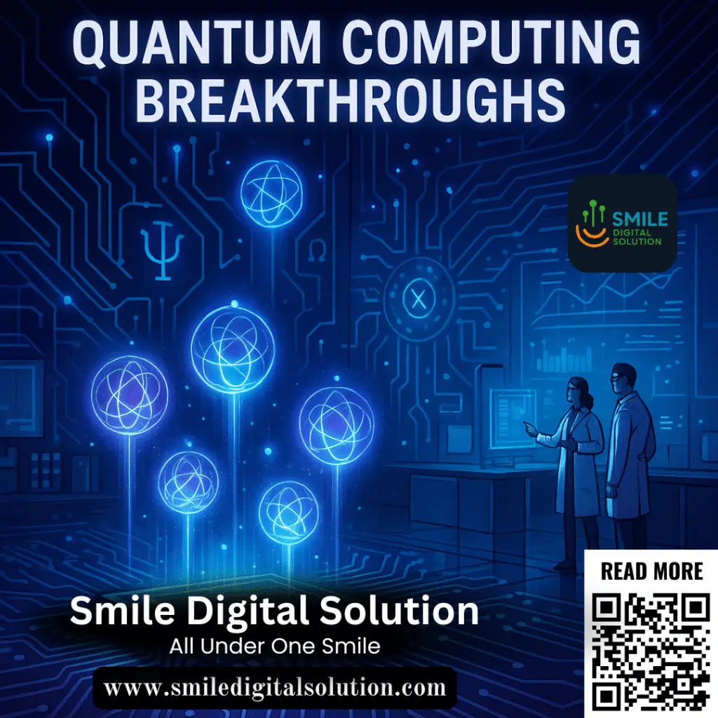 Illustration of quantum computing breakthroughs featuring photonic qubits and silicon chip technology in a futuristic lab setting.