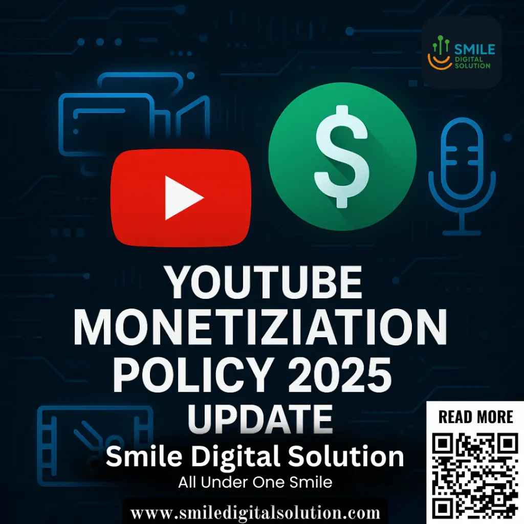 Illustration of YouTube Monetization Policy 2025 Update with tech-themed visuals and content creation icons