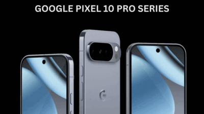 Three Google Pixel 10 Pro smartphones displayed from different angles.