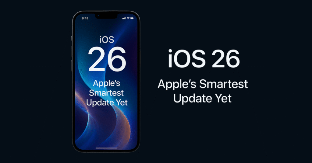 iPhone screen showcasing iOS 26 Liquid Glass UI with Apple Intelligence features