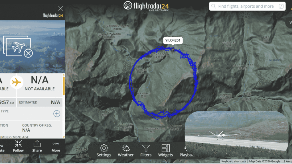 Flightradar24 map showing Chinese UAV YILO4201 flying continuous circular orbits over Gyirong Town and nearby villages on the China-Nepal border in Tibet after the August 26 2026 mudslide and flood. White Wing Loong-series long-endurance drone associated with YILO4201 taxiing on a high-altitude runway in Tibet during emergency response operations