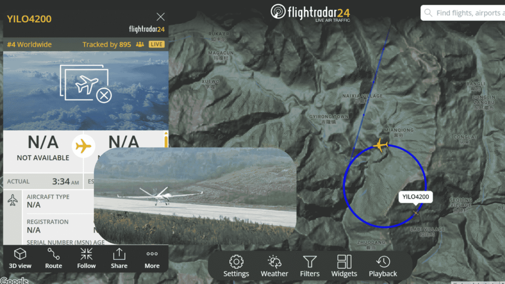 Flightradar24 live map showing Chinese UAV YILO4200 flying a circular orbit over Gyirong Town and nearby villages on the China-Nepal border in Tibet on August 29, 2026, ranked among the world’s most tracked flights during ongoing flood and mudslide rescue operations. Image 2 (YILO4201 Flightradar24 screenshot): , Flightradar24 live tracking of Chinese UAV YILO4201 maintaining a dense circular flight path over the Gyirong Port disaster zone on the Tibet-Nepal border, ranked second worldwide, supporting continued search, communications and barrier-lake monitoring after the August 26, 2026 mudslide.