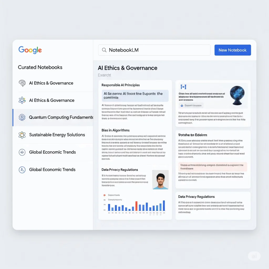 Google NotebookLM interface showing a curated notebook with expert content on AI ethics.