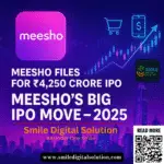 Meesho IPO 2025 featured image showing Meesho logo, stock market charts, digital commerce icons, and a futuristic Indian city skyline in vibrant purple, blue, and pink tones.