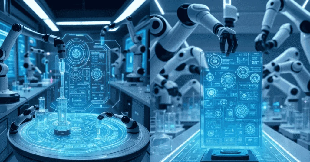 Robotic arms in a futuristic laboratory handling holographic displays and scientific equipment using AI.
