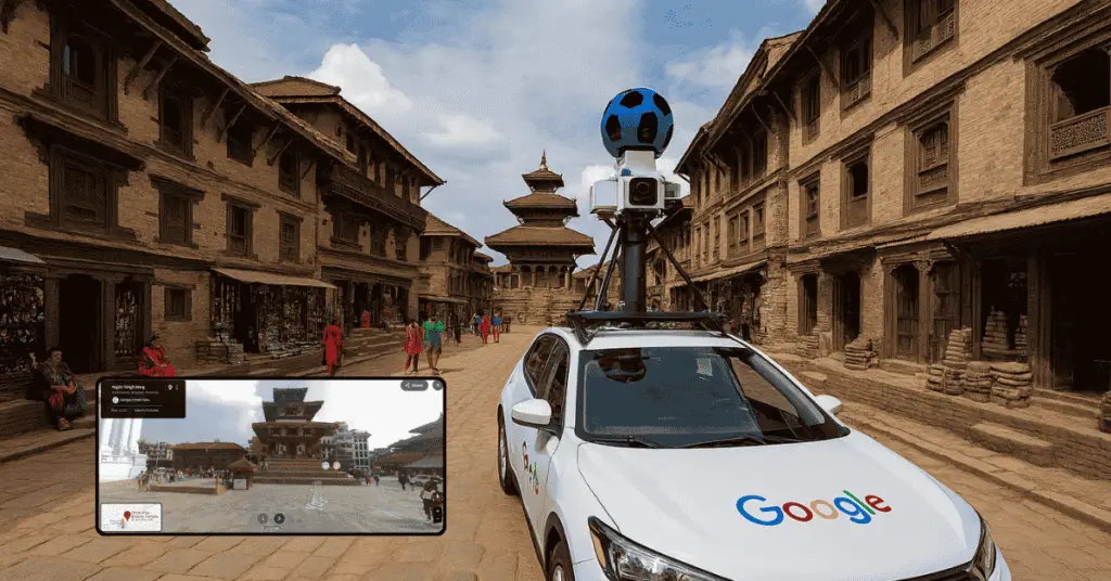 Digital illustration of Google Street View capturing Nepal’s cultural landmarks