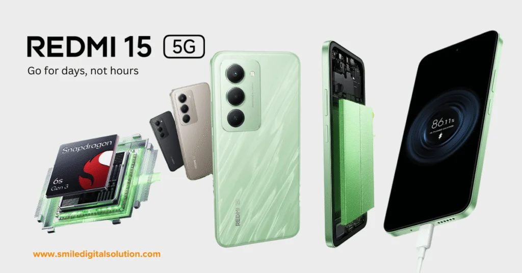 Redmi 15 5G smartphone with various features highlighted including battery life, processor, and camera setup