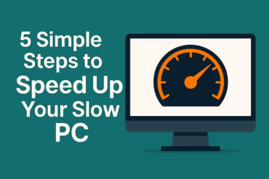 Illustration of a person optimizing a slow PC using simple tech tips.