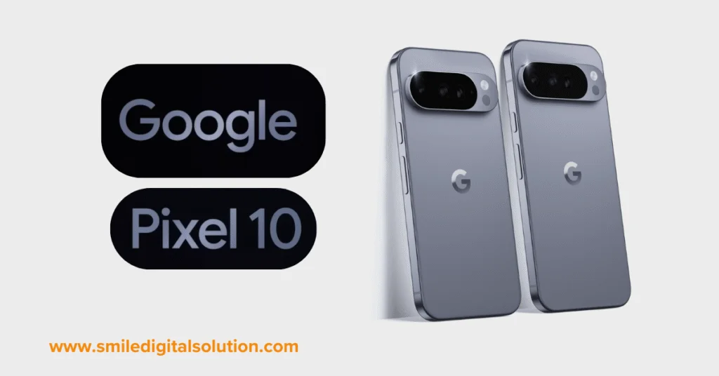 Two Google Pixel 10 smartphones with a logo and website link.